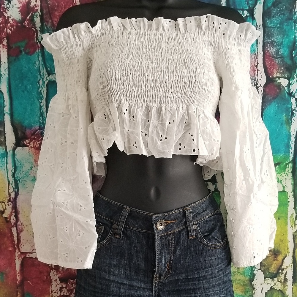 White Ruched Eyelet Crop Top